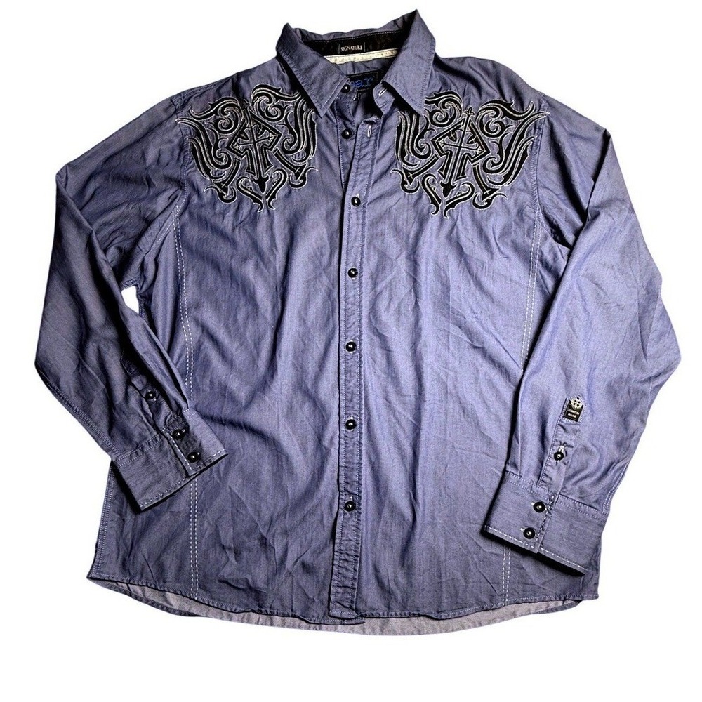 Roar Signature Individuality II Blue Embroidered Button Up Shirt Mens XL-2452
